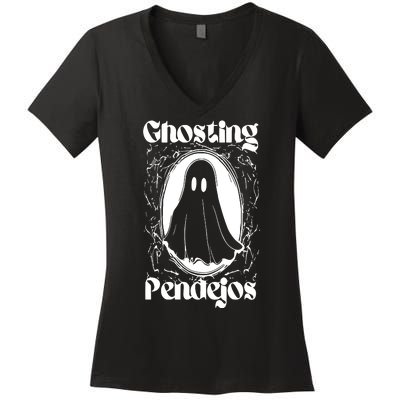 Ghosting Pendejos Funny Mexican Ghost Halloween Meme Women's V-Neck T-Shirt