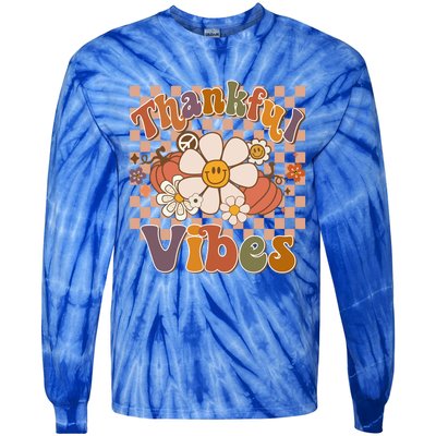 Groovy Pumpkin Flower Thankful Vibes Thanksgiving Matching Gift Tie-Dye Long Sleeve Shirt