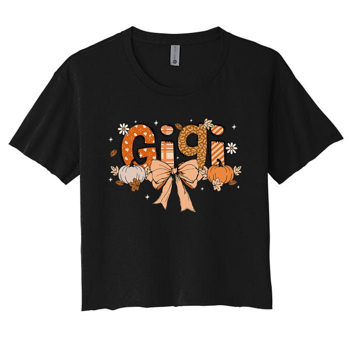 Gigi Pumpkin Fall Coquette Bow Thanksgiving Women's Crop Top Tee