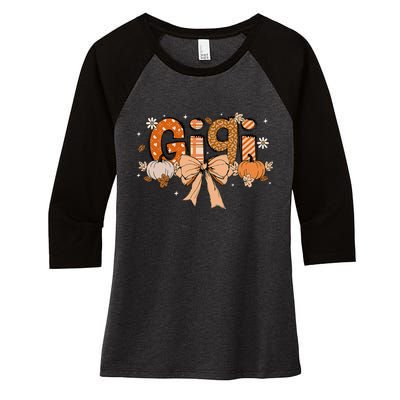 Gigi Pumpkin Fall Coquette Bow Thanksgiving Women's Tri-Blend 3/4-Sleeve Raglan Shirt