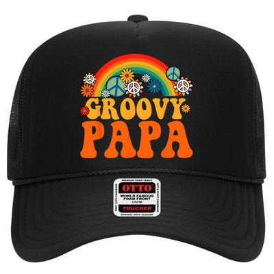 Groovy Papa Grandpa Tie Dye Hippie Rainbow Matching Family High Crown Mesh Back Trucker Hat