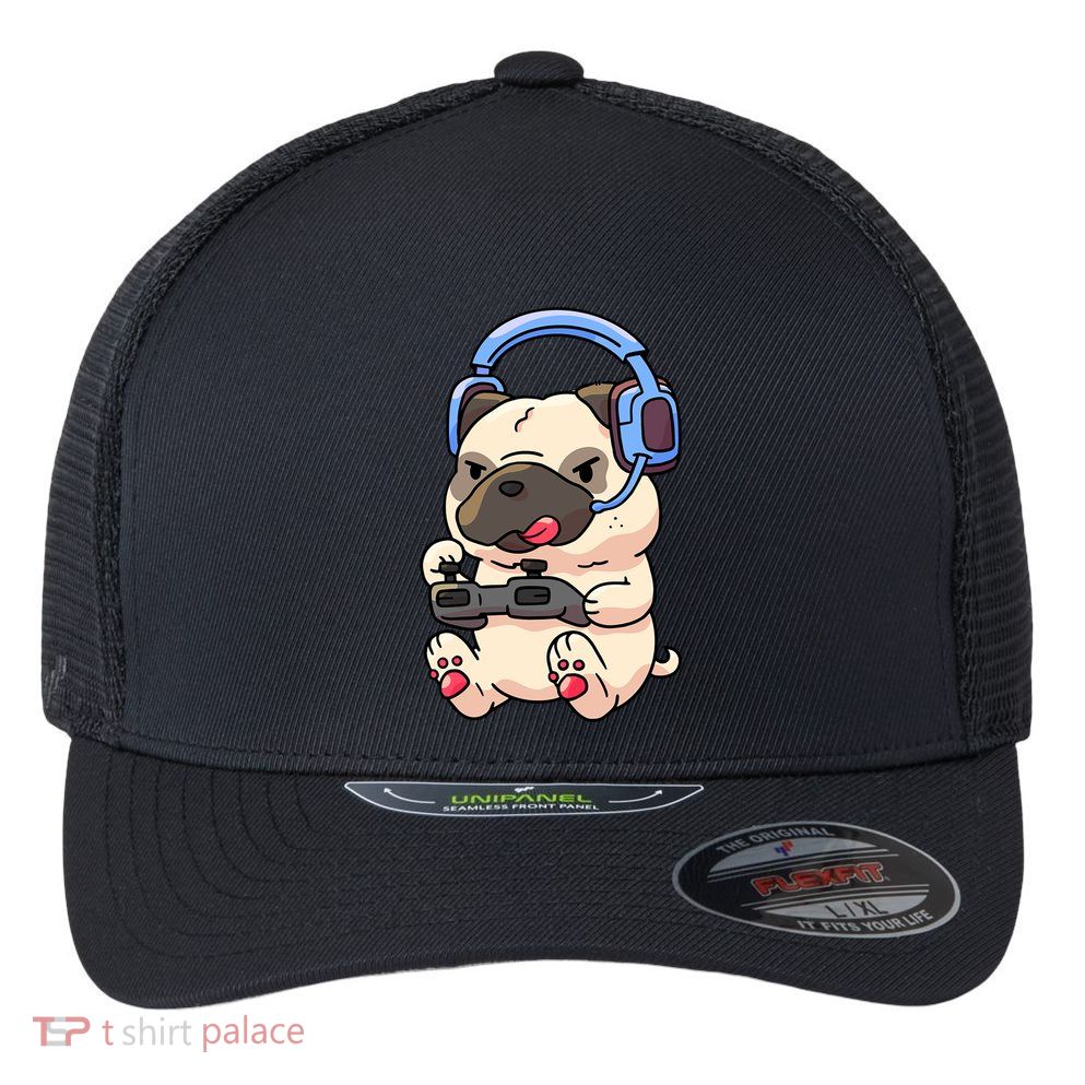 Gamer Pug Gaming Pugs Video Game Gift Flexfit Unipanel Trucker Cap