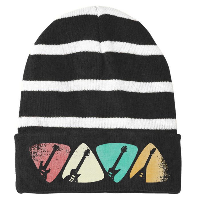 Guitar Pick Gift For Guitarist Retro Vintage Striped Beanie with Solid Band