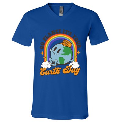 Go Planet Its Your Earth Day Teacher Groovy Environt Gift V-Neck T-Shirt