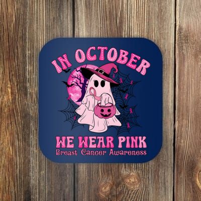 Ghost Pumpkin In October We Wear Breast Cancer Coaster