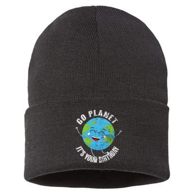 Go Planet Its Your Birthday Happy Earth Day Distressed Sustainable Knit Beanie