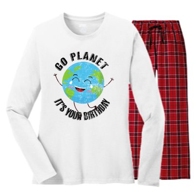 Go Planet Its Your Birthday Happy Earth Day Distressed Women's Long Sleeve Flannel Pajama Set 