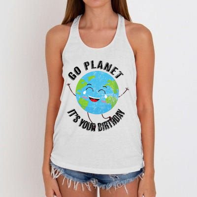 Go Planet Its Your Birthday Happy Earth Day Distressed Women's Knotted Racerback Tank