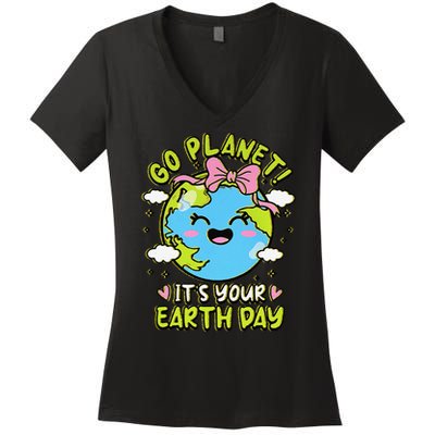Go Planet Its Your Earth Day Groovy Save The Planet Women's V-Neck T-Shirt