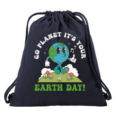 Go Planet It's Your Earth Day Save The Planet Retro Groovy Cute Gift Drawstring Bag