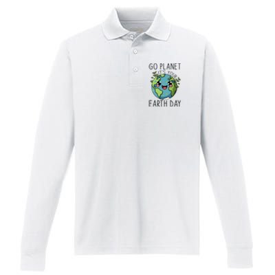 Go Planet Its Your Earth Day 2024 Teacher Cute Earth Performance Long Sleeve Polo