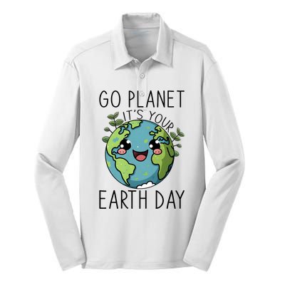 Go Planet Its Your Earth Day 2024 Teacher Cute Earth Silk Touch Performance Long Sleeve Polo