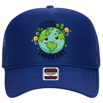 Go Planet Its Your Earth Day 2024 Teacher Cute Earth High Crown Mesh Back Trucker Hat