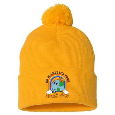 Go Planet Its Your Earth Day Teacher Groovy Environment Pom Pom 12in Knit Beanie