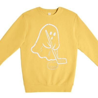 Ghost Playing Ice Hockey Pocket Halloween Costume Sports Premium Crewneck Sweatshirt