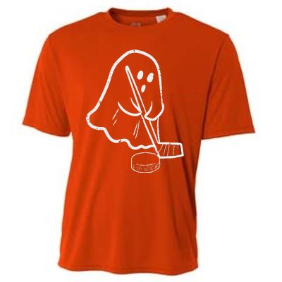 Ghost Playing Ice Hockey Pocket Halloween Costume Sports Cooling Performance Crew T-Shirt