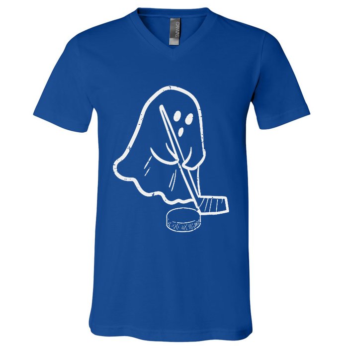 Ghost Playing Ice Hockey Pocket Halloween Costume Sports V-Neck T-Shirt