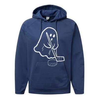 Ghost Playing Ice Hockey Pocket Halloween Costume Sports Performance Fleece Hoodie