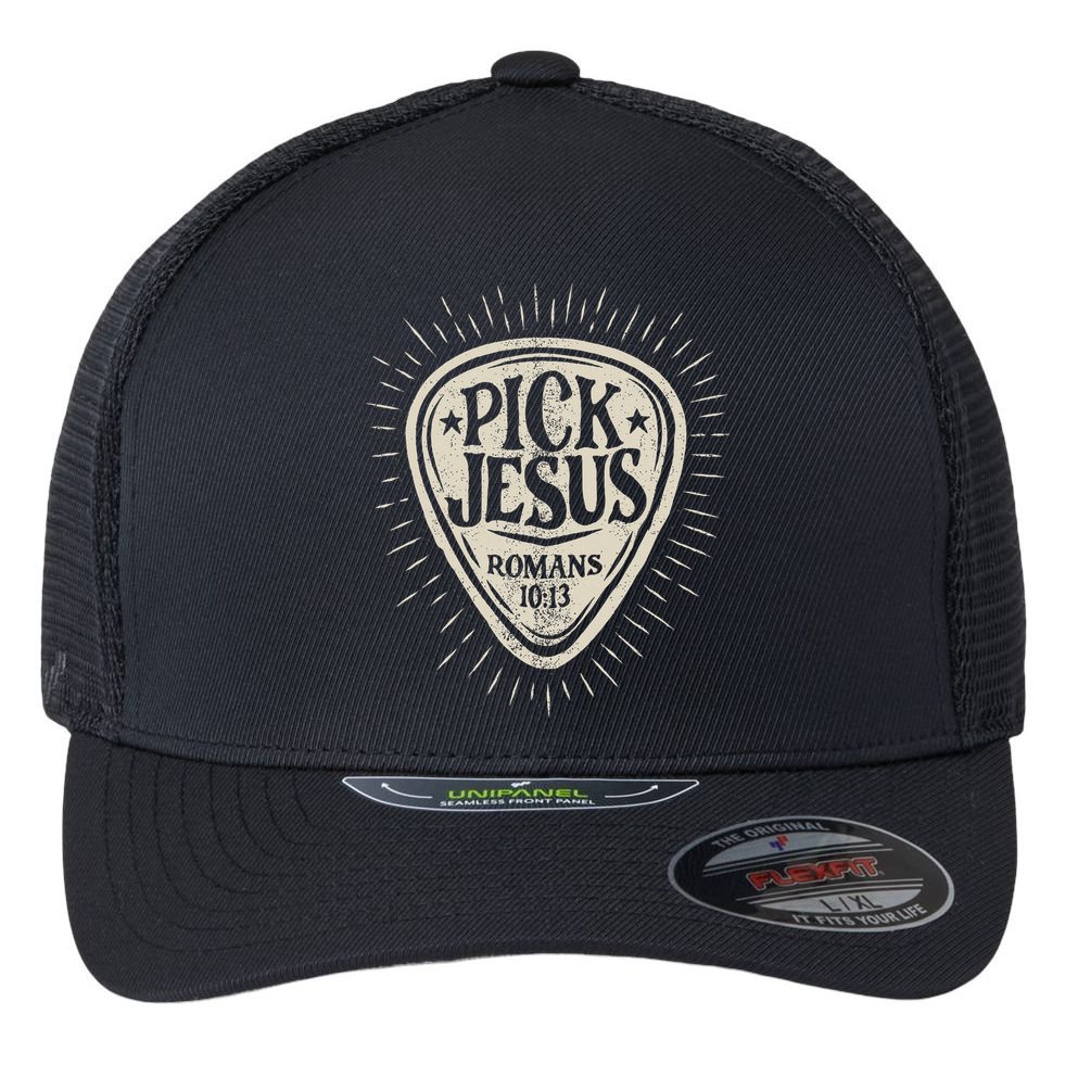 Guitar Pick Jesus Christian Music Guitarist Pastor Retro Flexfit Unipanel Trucker Cap