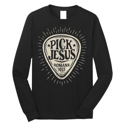 Guitar Pick Jesus Christian Music Guitarist Pastor Retro Long Sleeve Shirt