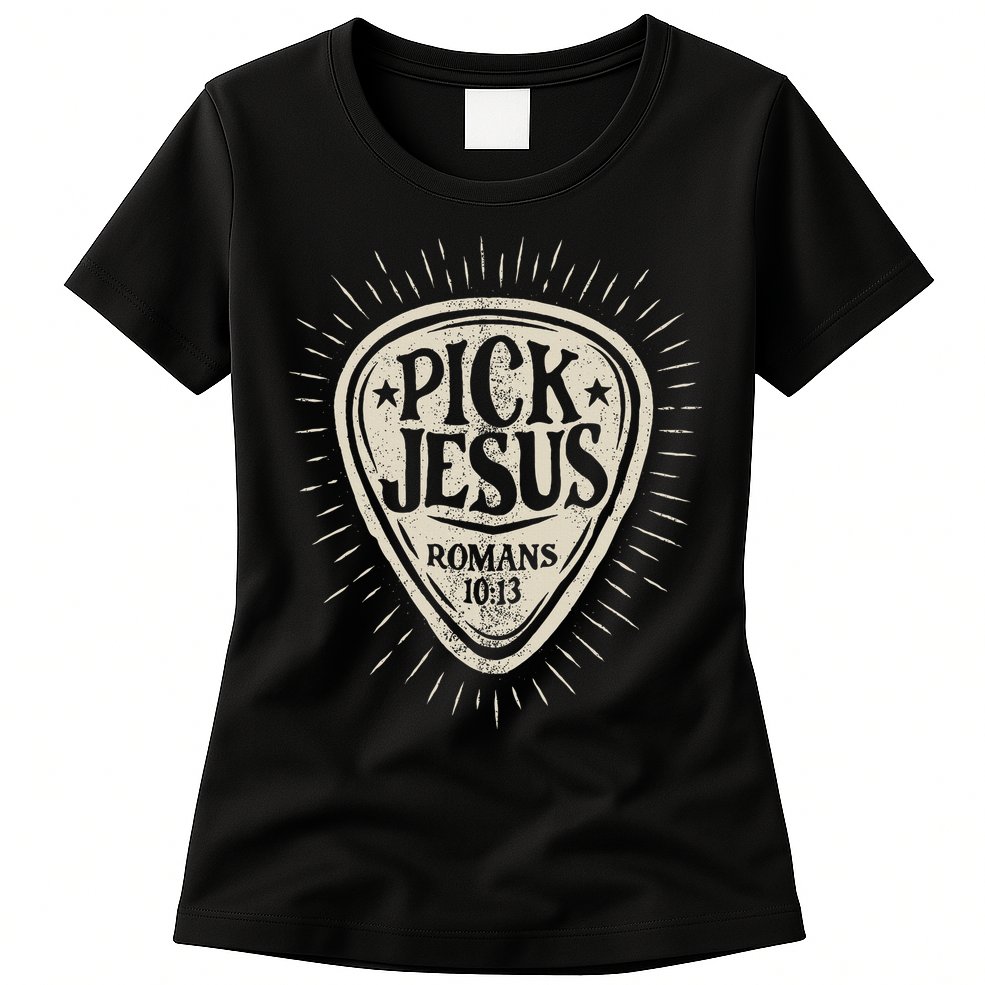 Guitar Pick Jesus Christian Music Guitarist Pastor Retro Womens T-Shirt