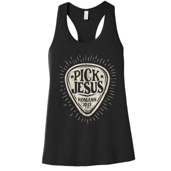 Guitar Pick Jesus Christian Music Guitarist Pastor Retro Women's Racerback Tank