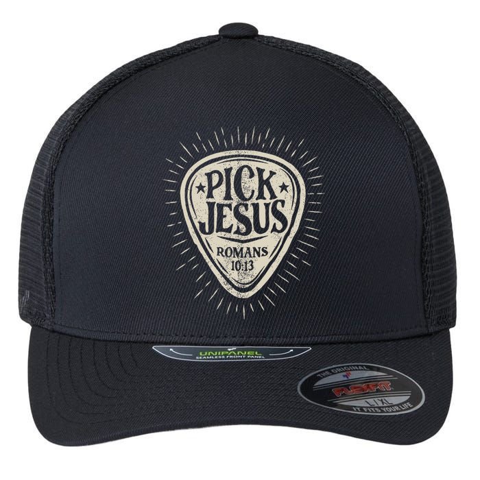 Guitar Pick Jesus Christian Music Guitarist Pastor Retro Flexfit Unipanel Trucker Cap