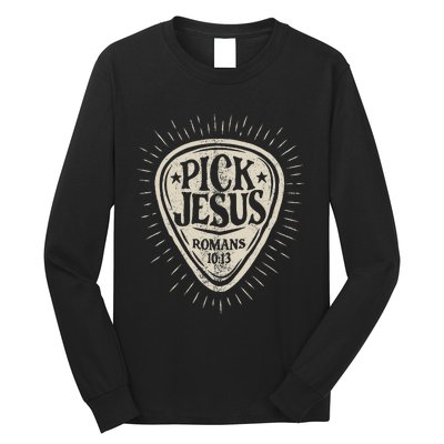 Guitar Pick Jesus Christian Music Guitarist Pastor Retro Long Sleeve Shirt