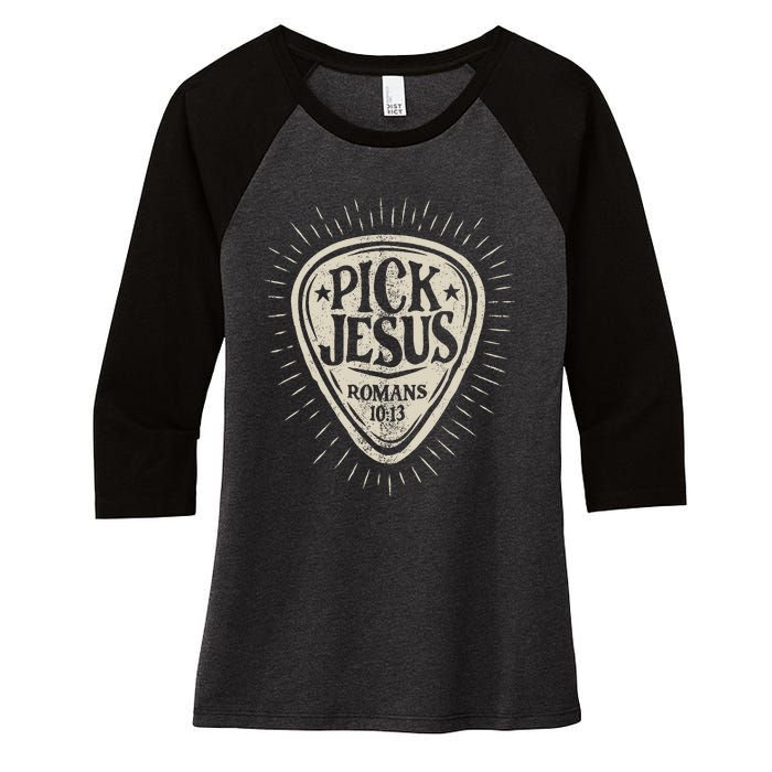 Guitar Pick Jesus Christian Music Guitarist Pastor Retro Women's Tri-Blend 3/4-Sleeve Raglan Shirt