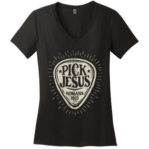 Guitar Pick Jesus Christian Music Guitarist Pastor Retro Women's V-Neck T-Shirt