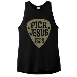 Guitar Pick Jesus Christian Music Guitarist Pastor Retro Ladies PosiCharge Tri-Blend Wicking Tank