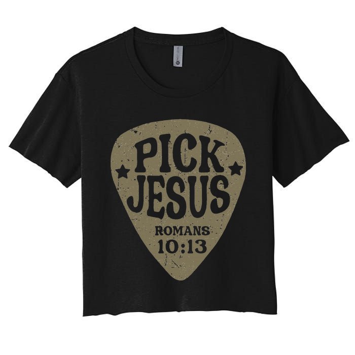 Guitar Pick Jesus Christian Music Guitarist Pastor Retro Women's Crop Top Tee