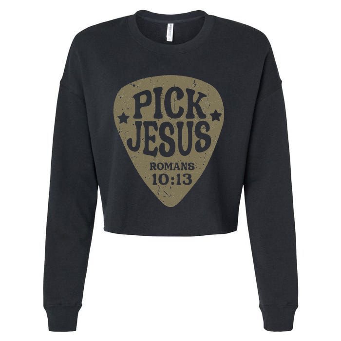 Guitar Pick Jesus Christian Music Guitarist Pastor Retro Cropped Pullover Crew