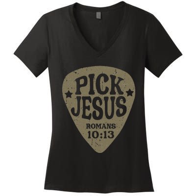 Guitar Pick Jesus Christian Music Guitarist Pastor Retro Women's V-Neck T-Shirt