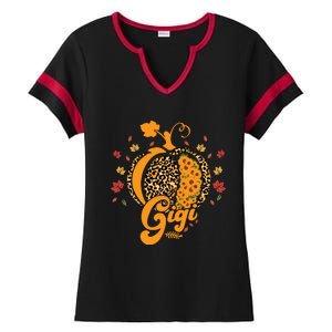 Gigi Pumpkin Leopard Print Sunflower Grandma Halloween Fall Long Sleeve Ladies Halftime Notch Neck Tee