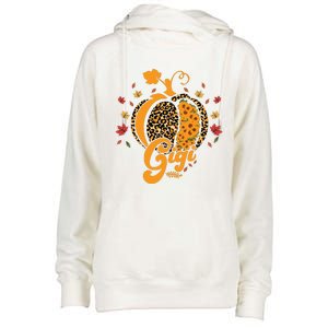 Gigi Pumpkin Leopard Print Sunflower Grandma Halloween Fall Long Sleeve Womens Funnel Neck Pullover Hood