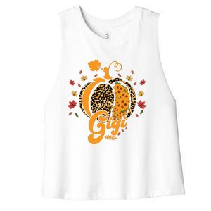 Gigi Pumpkin Leopard Print Sunflower Grandma Halloween Fall Long Sleeve Women's Racerback Cropped Tank