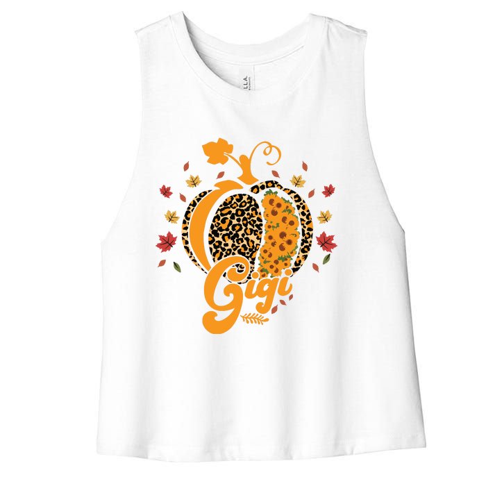 Gigi Pumpkin Leopard Print Sunflower Grandma Halloween Fall Long Sleeve Women's Racerback Cropped Tank