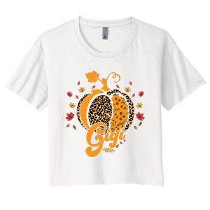 Gigi Pumpkin Leopard Print Sunflower Grandma Halloween Fall Long Sleeve Women's Crop Top Tee