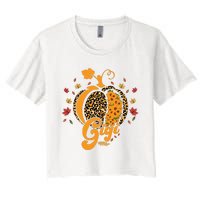 Gigi Pumpkin Leopard Print Sunflower Grandma Halloween Fall Long Sleeve Women's Crop Top Tee