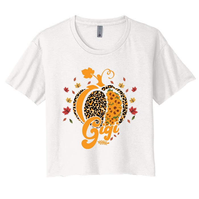 Gigi Pumpkin Leopard Print Sunflower Grandma Halloween Fall Long Sleeve Women's Crop Top Tee