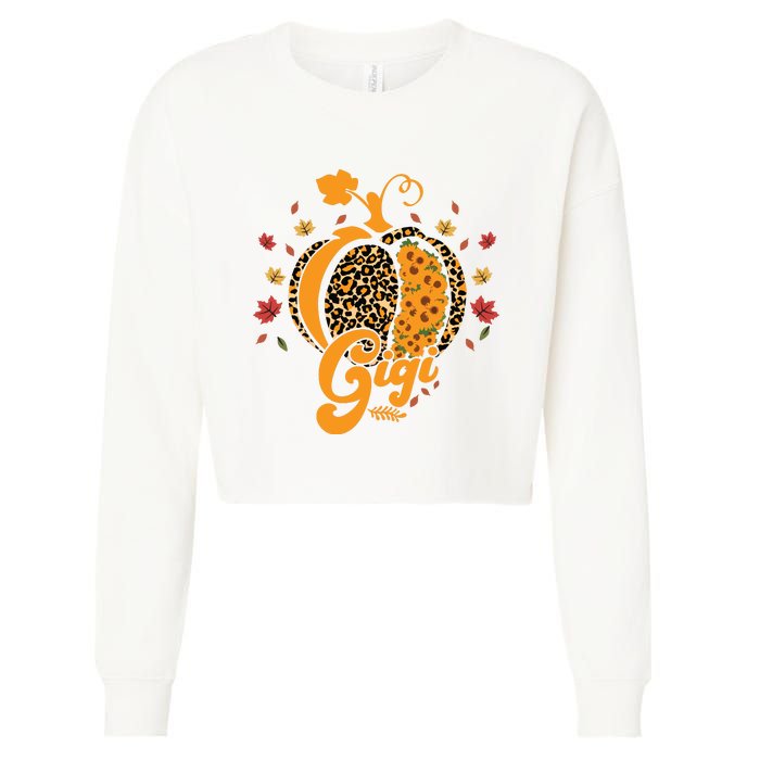 Gigi Pumpkin Leopard Print Sunflower Grandma Halloween Fall Long Sleeve Cropped Pullover Crew