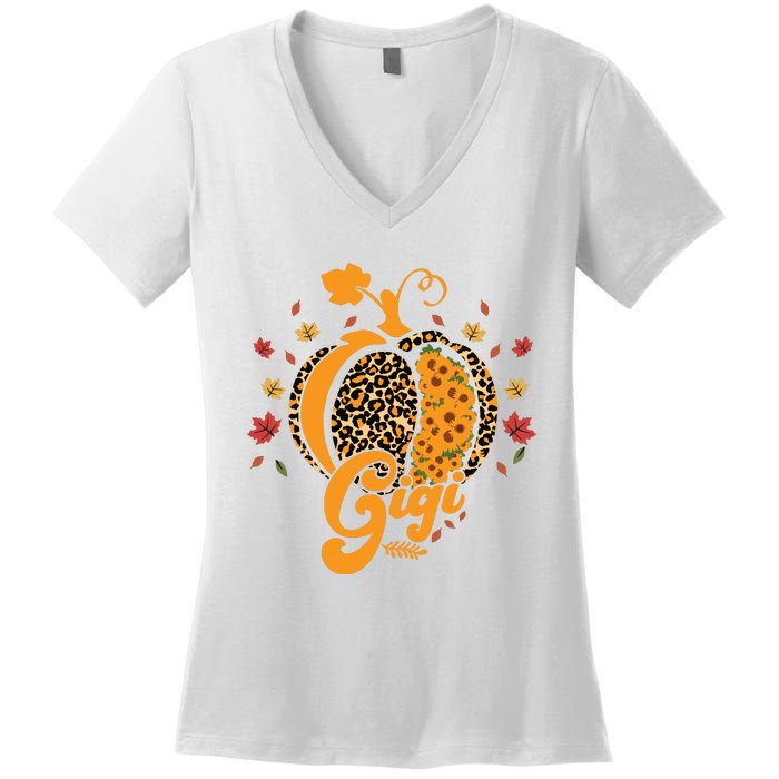 Gigi Pumpkin Leopard Print Sunflower Grandma Halloween Fall Long Sleeve Women's V-Neck T-Shirt