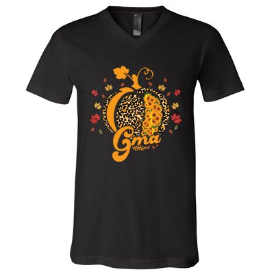 Gma Pumpkin Leopard Print Sunflower Grandma Halloween Fall V-Neck T-Shirt