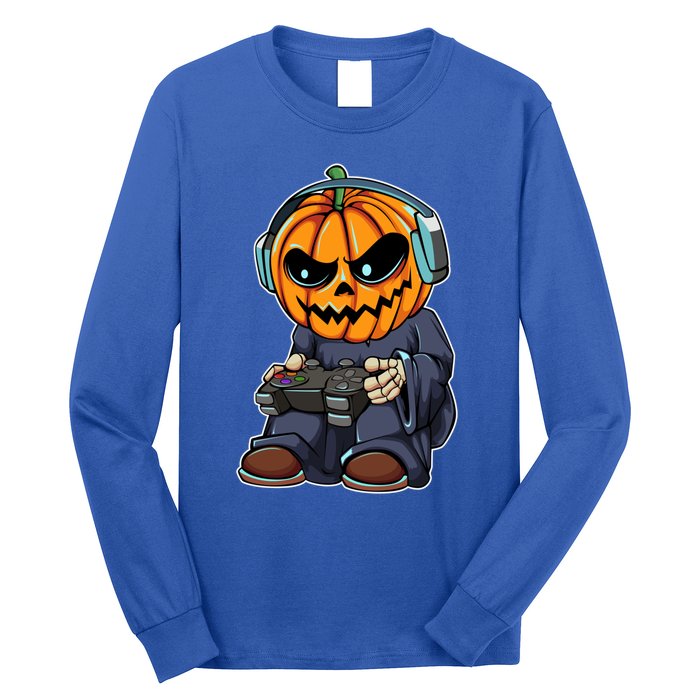 Gamer Pumpkin Lazy Halloween Costume Cool Videogame Gaming Gift Long Sleeve Shirt