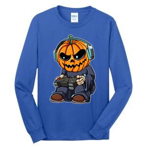 Gamer Pumpkin Lazy Halloween Costume Cool Videogame Gaming Gift Tall Long Sleeve T-Shirt