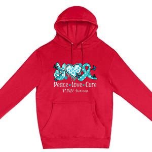 Groovy Peace Love Cure Teal Ribbon PTSD Awareness Premium Pullover Hoodie