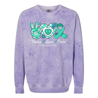 Groovy Peace Love Cure Teal Ribbon PTSD Awareness Colorblast Crewneck Sweatshirt