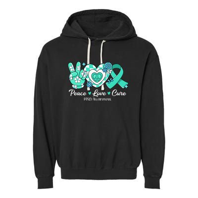 Groovy Peace Love Cure Teal Ribbon PTSD Awareness Garment-Dyed Fleece Hoodie