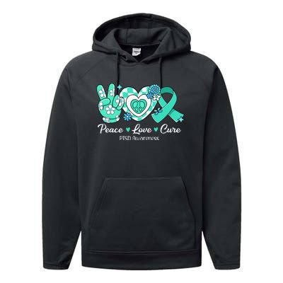 Groovy Peace Love Cure Teal Ribbon PTSD Awareness Performance Fleece Hoodie